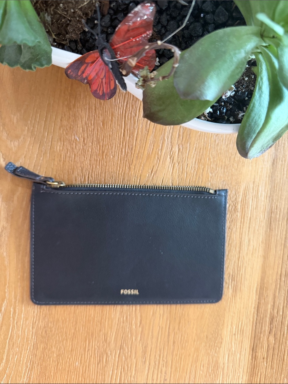 Fossil Black Leather Zip Pouch with Gold Hardware